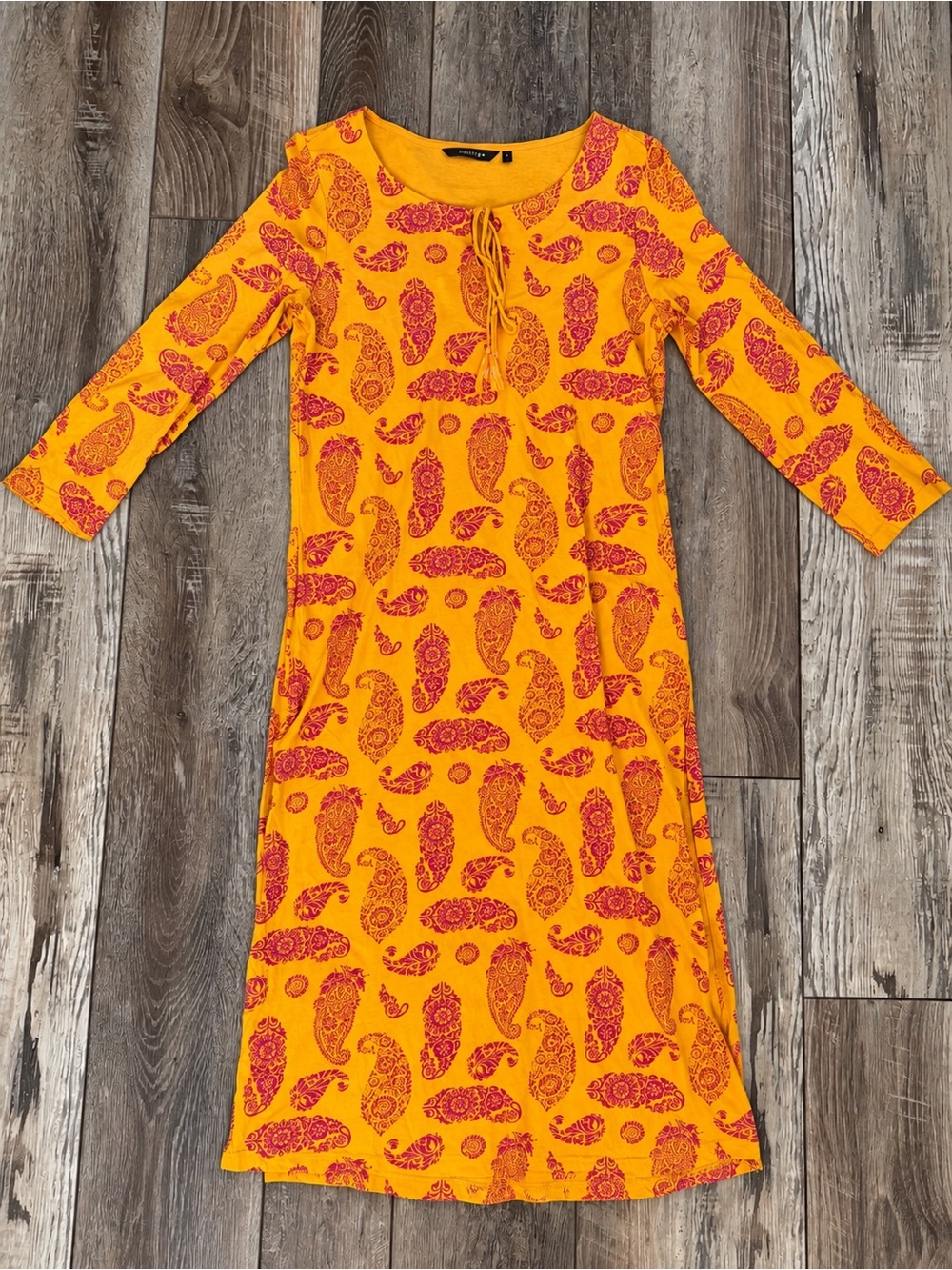 Melange Mustard Paisley Boho Cotton Midi Dress - Size: S